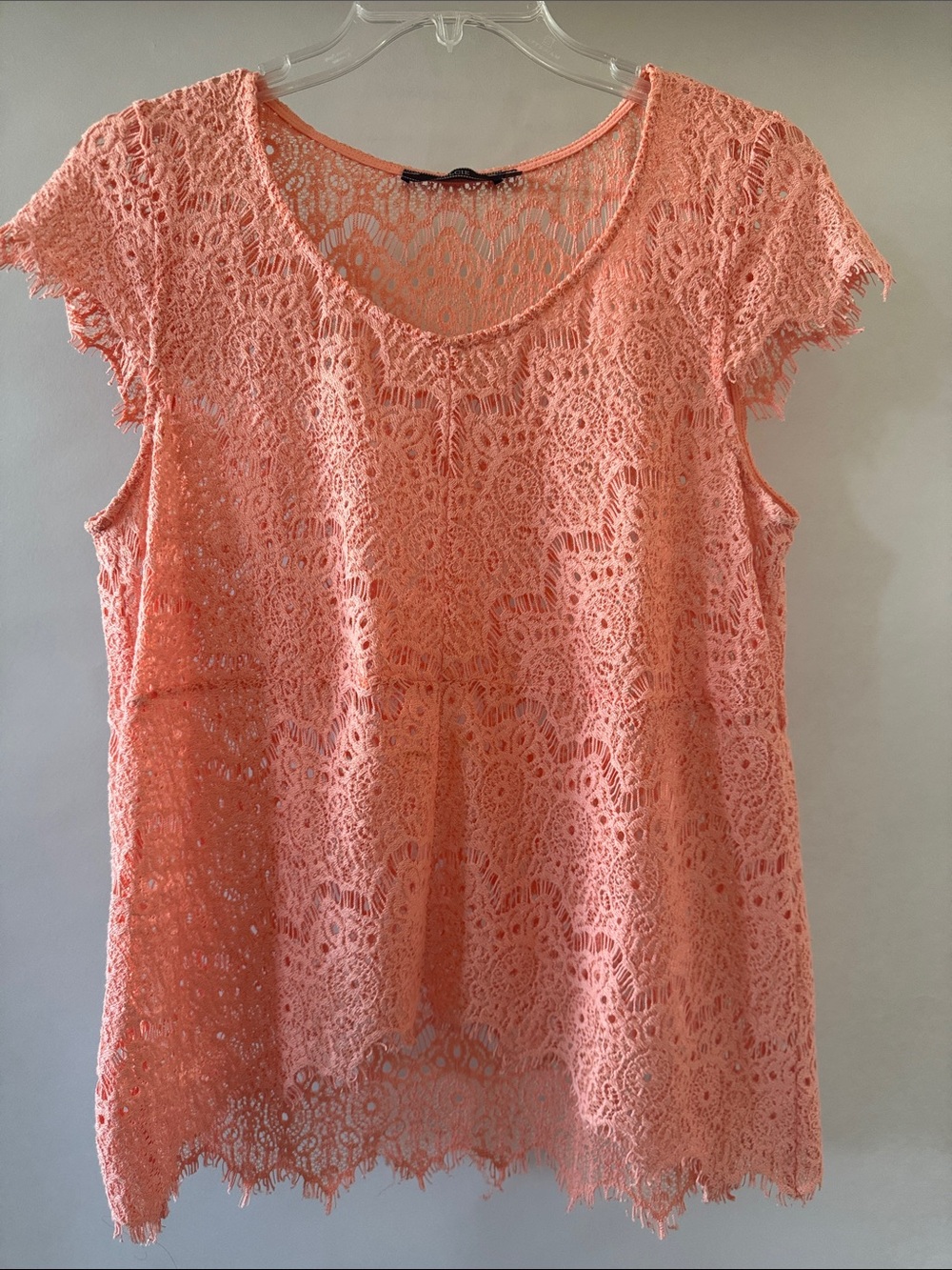 Dulcie Crochet Lace Cap-Sleeve Blouse in Coral Pink